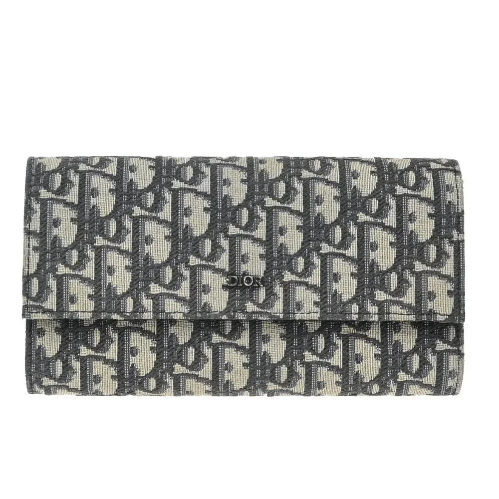CHRISTIAN DIOR Logo Trotter Oblique Long Wallet Jacquard Leather Blue 81EG317